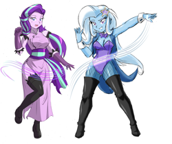 Size: 3328x2800 | Tagged: safe, artist:danmakuman, edit, editor:backgroundlol, character:starlight glimmer, character:trixie, ship:startrix, my little pony:equestria girls, armpits, boots, cheongsam, chinese dress, clothing, costume, cutie mark accessory, female, fishnets, gloves, leotard, lesbian, looking at you, magician outfit, open mouth, pantyhose, raised leg, shipping, shoes, simple background, smiling, socks, stockings, thigh boots, thigh highs, white background