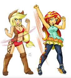 Size: 2909x3186 | Tagged: safe, artist:danmakuman, edit, editor:backgroundlol, character:applejack, character:sunset shimmer, ship:appleshimmer, my little pony:equestria girls, armpits, bikini, clothing, costume, cowgirl, female, high res, lesbian, pantyhose, shipping, simple background, swimsuit, white background