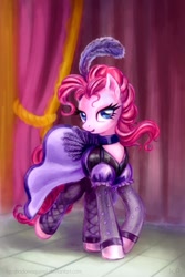 Size: 800x1200 | Tagged: safe, artist:kp-shadowsquirrel, character:pinkie pie, species:earth pony, species:pony, episode:over a barrel, g4, my little pony: friendship is magic, beautiful, burlesque, can-can, clothing, costume, dress, female, fishnets, mare, saloon dress, saloon pinkie, solo, this will end in war, wild west