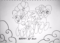 Size: 2880x2096 | Tagged: safe, artist:novaspark, character:pinkie pie, character:surprise, species:earth pony, species:pegasus, species:pony, g1, 35th anniversary, balloon, cloud, duo, flying, g1 to g4, generation leap, happy birthday mlp:fim, lineart, one eye closed, smiling, wink