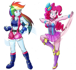 Size: 1913x1760 | Tagged: safe, artist:danmakuman, edit, character:pinkie pie, character:rainbow dash, ship:pinkiedash, my little pony:equestria girls, armpits, boots, bracelet, breasts, cleavage, clothing, costume, duo, fall formal outfits, female, hat, high heel boots, jewelry, lesbian, shipping, shoes, simple background, sports bra, top hat, white background