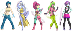 Size: 4750x2029 | Tagged: safe, artist:danmakuman, edit, character:indigo zap, character:lemon zest, character:sour sweet, character:sugarcoat, character:sunny flare, my little pony:equestria girls, armpits, barefoot, belly button, breasts, busty indigo zap, busty lemon zest, busty shadow five, busty sour sweet, busty sugarcoat, busty sunny flare, cheongsam, cleavage, clothing, commission, dress, eyeshadow, feet, female, fingerless gloves, flats, front knot midriff, gloves, hand on hip, high heels, looking at you, makeup, martial arts, midriff, non-shipping, open mouth, pants, raised eyebrow, raised leg, sexy, shadow five, shoes, side slit, sideboob, simple background, sleeveless, smiling, socks, sports bra, stupid sexy lemon zest, thigh highs, whip, white background
