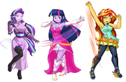 Size: 4762x3128 | Tagged: safe, artist:danmakuman, edit, editor:backgroundlol, character:starlight glimmer, character:sunset shimmer, character:twilight sparkle, my little pony:equestria girls, armpits, boots, cheongsam, clothing, commission, costume, counterparts, cutie mark accessory, dress, female, gloves, high heel boots, high res, looking at you, magical trio, non-shipping, open mouth, pantyhose, raised leg, shoes, simple background, smiling, socks, stockings, thigh highs, trio, twilight's counterparts, white background