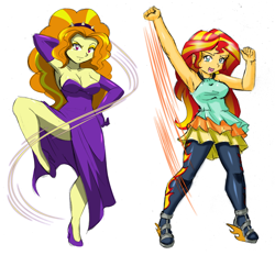 Size: 1504x1393 | Tagged: safe, artist:danmakuman, edit, character:adagio dazzle, character:sunset shimmer, ship:sunsagio, equestria girls:rainbow rocks, g4, my little pony: equestria girls, my little pony:equestria girls, armpits, breasts, busty adagio dazzle, busty sunset shimmer, clothing, costume, dress, duo, evening gloves, female, gloves, high heels, lesbian, long gloves, looking at you, pantyhose, shipping, shoes, side slit, simple background, white background