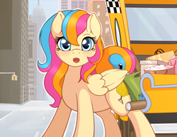 Size: 1024x791 | Tagged: safe, artist:ratofdrawn, oc, oc only, oc:golden gates, species:pegasus, species:pony, babscon, blushing, city, cute, female, freckles, looking at you, mare, open mouth, solo, taxi