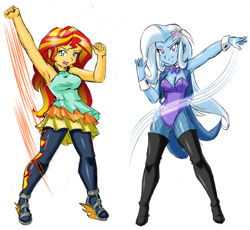 Size: 1504x1384 | Tagged: safe, artist:danmakuman, edit, character:sunset shimmer, character:trixie, ship:suntrix, my little pony:equestria girls, armpits, boots, breasts, busty sunset shimmer, cleavage, clothing, costume, duo, female, fishnets, leotard, lesbian, magician outfit, pantyhose, shipping, shoes, simple background, thigh boots, underass, white background