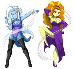 Size: 1453x1360 | Tagged: safe, artist:danmakuman, edit, character:adagio dazzle, character:trixie, equestria girls:rainbow rocks, g4, my little pony: equestria girls, my little pony:equestria girls, armpits, boots, breasts, busty adagio dazzle, cleavage, clothing, costume, dress, evening gloves, female, fishnets, gloves, high heels, leotard, long gloves, looking at you, magician outfit, pantyhose, shoes, side slit, simple background, thigh boots, underass, white background