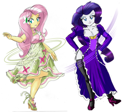 Size: 3248x2856 | Tagged: safe, artist:danmakuman, edit, editor:backgroundlol, character:fluttershy, character:rarity, ship:rarishy, my little pony:equestria girls, breasts, cleavage, clothing, costume, dress, female, high heels, high res, legs, lesbian, shipping, shoes, simple background, white background