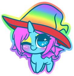 Size: 1280x1314 | Tagged: safe, artist:wickedsilly, oc, oc only, oc:chroma wave, species:alicorn, species:bat pony, species:pony, bat pony alicorn, bat pony oc, blushing, chibi, clothing, cute, eyeshadow, femboy, hat, hecking cute, makeup, male, ocbetes, one eye closed, simple background, smiling, solo, transparent background, wingding eyes, wink