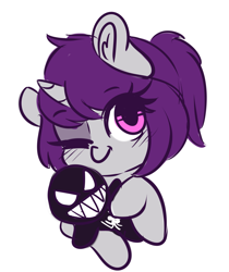 Size: 2737x3261 | Tagged: safe, artist:wickedsilly, oc, oc only, oc:wicked silly, ponysona, species:pony, species:unicorn, cute, female, hug, mare, marvel comics, ocbetes, one eye closed, plushie, simple background, smiling, solo, venom, wink