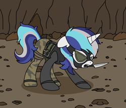 Size: 768x662 | Tagged: safe, artist:linedraweer, oc, oc only, oc:melody, species:pony, species:unicorn, alternate universe, army, cave, commission, eyepatch, female, knife, mare, mask, military, military uniform, not shining armor, solo