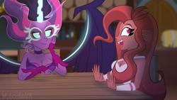 Size: 1024x576 | Tagged: safe, artist:wubcakeva, character:midnight sparkle, character:twilight sparkle, character:twilight sparkle (scitwi), oc, oc:mezma, species:eqg human, my little pony:equestria girls, breasts, busty sci-twi, busty twilight sparkle, clothing, fingerless gloves, gloves, lidded eyes, midnight sparkle, open mouth, sitting, table