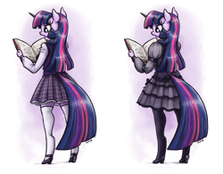 Size: 1408x1100 | Tagged: safe, artist:king-kakapo, character:twilight sparkle, species:anthro, species:pony, species:unguligrade anthro, species:unicorn, adorkable, book, clothing, cute, dork, dress, female, gothic lolita, high heels, mare, pantyhose, plaid, plaid skirt, pleated skirt, reading, rear view, shirt, shoes, simple background, skirt, socks, solo, stockings, sweater vest, thigh highs, white background, zettai ryouiki