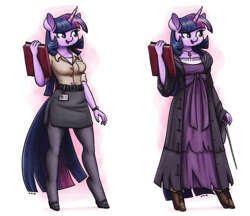 Size: 1848x1600 | Tagged: safe, artist:king-kakapo, character:twilight sparkle, species:anthro, species:pony, species:unguligrade anthro, belt, book, clothing, cute, female, high heels, horn, mare, mary janes, miniskirt, pantyhose, shoes, side slit, simple background, skirt, skirt suit, smiling, suit, wand, white background