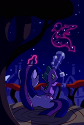 Size: 1200x1800 | Tagged: safe, artist:docwario, character:spike, character:twilight sparkle, species:dragon, species:pony, species:unicorn, constellation, duo, female, glowing horn, magic, male, mare, request, stargazing, story in the source, telescope