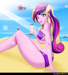 Size: 915x1000 | Tagged: safe, artist:clouddg, character:dean cadance, character:princess cadance, my little pony:equestria girls, beach, beach babe, breasts, busty princess cadance, clothing, crepuscular rays, female, ocean, sand, solo, suntan lotion, swimsuit
