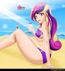 Size: 915x1000 | Tagged: safe, alternate version, artist:clouddg, character:dean cadance, character:princess cadance, species:human, my little pony:equestria girls, beach, beach babe, beverage, breasts, busty princess cadance, can, clothing, crepuscular rays, female, human coloration, lighthouse, ocean, sand, sitting, solo, swimsuit