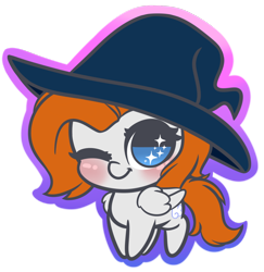Size: 1280x1315 | Tagged: safe, artist:wickedsilly, oc, oc only, oc:sky chase, species:pegasus, species:pony, blushing, chibi, clothing, female, hat, mare, one eye closed, simple background, smiling, solo, transparent background, wink, witch hat
