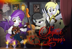 Size: 1100x753 | Tagged: safe, artist:pixelkitties, character:derpy hooves, character:king sombra, character:octavia melody, oc, species:bat pony, bugle, cello, musical instrument, pixelkitties' brilliant autograph media artwork, show accurate