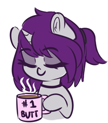 Size: 1280x1460 | Tagged: safe, artist:wickedsilly, oc, oc only, oc:wicked silly, species:pony, species:unicorn, choker, coffee, cup, cute, drink, eyes closed, female, hoof hold, mare, mug, simple background, smiling, solo, white background