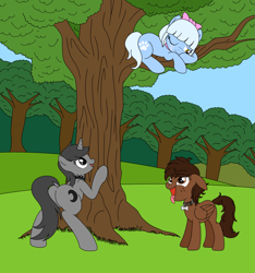 Size: 1871x2000 | Tagged: safe, artist:linedraweer, oc, oc only, oc:angel, oc:howl, oc:mocha, species:earth pony, species:pegasus, species:pony, species:unicorn, barking, behaving like a cat, behaving like a dog, bow, collar, commission, fangs, female, horn, mare, park, pet play, relaxed, relaxing, tongue out, tree, wings