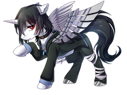 Size: 1150x862 | Tagged: safe, artist:swaybat, oc, species:alicorn, species:pony, alicorn oc, amputee, augmented, chest fluff, clothing, collar, ear fluff, prosthetic leg, prosthetic limb, prosthetic wing, prosthetics, simple background, umbrella corporation, white background