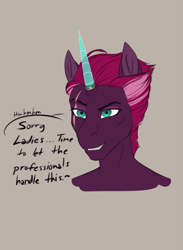 Size: 1397x1908 | Tagged: safe, artist:jc_bbqueen, character:tempest shadow, species:anthro, species:pony, species:unicorn, alternate universe, dialogue, eye scar, female, mare, prosthetic horn, prosthetics, scar, simple background, solo, tempest gets her horn back