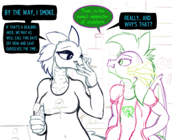 Size: 1056x859 | Tagged: safe, artist:frist44, character:spike, species:dragon, ankh, beatrice santello, beatrike, cigarette, clothing, crossover, crossover shipping, date, date night, hoodie, jacket, lighter, night in the woods, older, older spike, shipping, shirt, smoking, winged spike