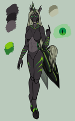 Size: 1807x2922 | Tagged: safe, artist:jc_bbqueen, oc, oc only, oc:queen eris, species:anthro, species:changeling, species:unguligrade anthro, anthro oc, breasts, changeling queen, changeling queen oc, claws, fangs, featureless breasts, featureless crotch, female, green changeling, slit eyes, smiling, solo