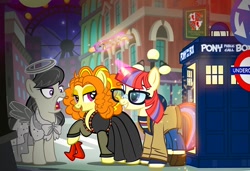 Size: 1000x684 | Tagged: safe, artist:pixelkitties, character:adagio dazzle, character:moondancer, character:octavia melody, species:pony, doctor who, equestria girls ponified, jodie whittaker, kazumi evans, pixelkitties' brilliant autograph media artwork, police box, ponified, show accurate, sonic screwdriver, statue, tardis, thirteenth doctor, weeping angel