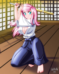 Size: 3200x4000 | Tagged: safe, artist:danmakuman, part of a set, character:fluttershy, species:human, badass, barefoot, breasts, busty fluttershy, commission, confident, feet, female, flutterbadass, humanized, kendo, kendo stick, looking at you, martial arts, part of a series, smiling, solo, stupid sexy fluttershy