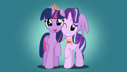 Size: 5742x3230 | Tagged: safe, artist:jhayarr23, character:starlight glimmer, character:twilight sparkle, character:twilight sparkle (alicorn), species:alicorn, species:pony, species:unicorn, episode:father knows beast, g4, my little pony: friendship is magic, crown, cute, duo, duo female, equestrian pink heart of courage, female, glimmerbetes, hug, jewelry, new crown, regalia, simple background, twiabetes, winghug