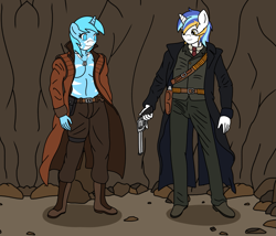 Size: 1169x1000 | Tagged: safe, artist:linedraweer, oc, oc only, oc:gallant heart, oc:white frost, species:anthro, anthro oc, army, blind, cave, clothing, commission, female, gun, handgun, metal gear, military, military uniform, pants, revolver, shirt, stripes, weapon