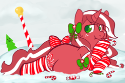 Size: 500x334 | Tagged: safe, artist:mt, oc, oc only, oc:red ribbon, candy, candy cane, christmas, chubby, fat, snow
