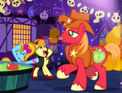 Size: 1000x763 | Tagged: safe, artist:pixelkitties, character:big mcintosh, character:carrot top, character:golden harvest, character:turf, species:earth pony, species:pony, apple, candy apples (food), clothing, costume, devil horns, food, freckles, halloween, hat, holiday, mouth hold, sheriff, unshorn fetlocks