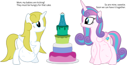 Size: 12540x6400 | Tagged: safe, artist:parclytaxel, character:princess flurry heart, oc, parent:oc:shimmering glow, parent:princess flurry heart, parents:canon x oc, species:alicorn, species:pony, .svg available, absurd resolution, adult, alicorn oc, blank flank, cake, dialogue, female, food, hoof on belly, hyper, hyper pregnancy, kicking, mama flurry, mare, mother and daughter, multiple pregnancy, offspring, offspring's offspring, older, older flurry heart, pregnant, simple background, transparent background, vector