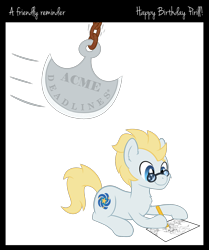 Size: 1800x2150 | Tagged: safe, artist:djdavid98, artist:pirill, oc, oc only, oc:star farer, species:earth pony, species:pony, acme, birthday gift, border, chains, deadline, drawing, glasses, happy birthday, impending doom, lying down, pencil, pendulum axe, rust, simple background, solo, text, transparent background