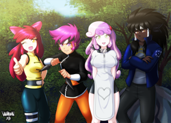 Size: 5000x3571 | Tagged: safe, artist:danmakuman, character:apple bloom, character:scootaloo, character:sweetie belle, oc, oc:midnight radiance (sixpathspony), species:human, species:pegasus, species:pony, absurd resolution, anime, clothing, commission, cosplay, costume, crossover, cutie mark crusaders, female, humanized, humanized oc, kunoichi, naruto, ninja, one eye closed, open mouth, pants, shuriken, smiling, wink