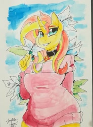 Size: 669x908 | Tagged: safe, artist:arnachy, character:sunset shimmer, species:anthro, species:pony, species:unicorn, choker, clothing, commission, female, flower, flower in hair, hand behind back, looking at you, mare, smiling, solo, traditional art, watercolor painting