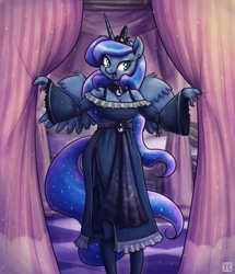 Size: 1376x1600 | Tagged: safe, artist:king-kakapo, character:princess luna, species:alicorn, species:anthro, species:pony, species:unguligrade anthro, arm hooves, clothing, cloven hooves, curtains, dress, female, gloves, hoof hands, jewelry, long gloves, looking at you, mare, multiple variants, open mouth, regalia, socks, solo, spread wings, stockings, thigh highs, unshorn fetlocks, wings