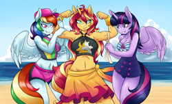 Size: 3200x1940 | Tagged: safe, artist:ambris, character:rainbow dash, character:sunset shimmer, character:twilight sparkle, character:twilight sparkle (alicorn), species:alicorn, species:anthro, species:pony, ship:sunsetdash, ship:sunsetsparkle, equestria girls:forgotten friendship, g4, my little pony: equestria girls, my little pony:equestria girls, adorasexy, armpits, beach, bedroom eyes, belly button, biceps, big breasts, bikini babe, board shorts, breasts, busty rainbow dash, busty sunset shimmer, busty twilight sparkle, cleavage, clothing, cute, dashabetes, female, flexing, gunset shimmer, hat, lesbian, looking at you, measuring tape, midriff, muscles, one-piece swimsuit, rainbuff dash, sexy, shimmerbetes, shipping, smiling, smirk, summer sunset, sunset lifter, sunset shimmer gets all the mares, swimsuit, twiabetes