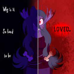 Size: 900x900 | Tagged: safe, artist:wubcakeva, oc, oc:mercy, species:siren, my little pony:equestria girls, blood, clothing, dark background, edgy, female, hair over one eye, red eyes, solo, text, two sided posters