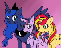 Size: 991x776 | Tagged: safe, artist:cmara, character:princess luna, character:sunset shimmer, character:twilight sparkle, character:twilight sparkle (alicorn), species:alicorn, species:pony, ship:sunsetsparkle, ship:twiluna, female, lesbian, looking at each other, lunashimmer, lunashimmerlight, polyamory, shipping