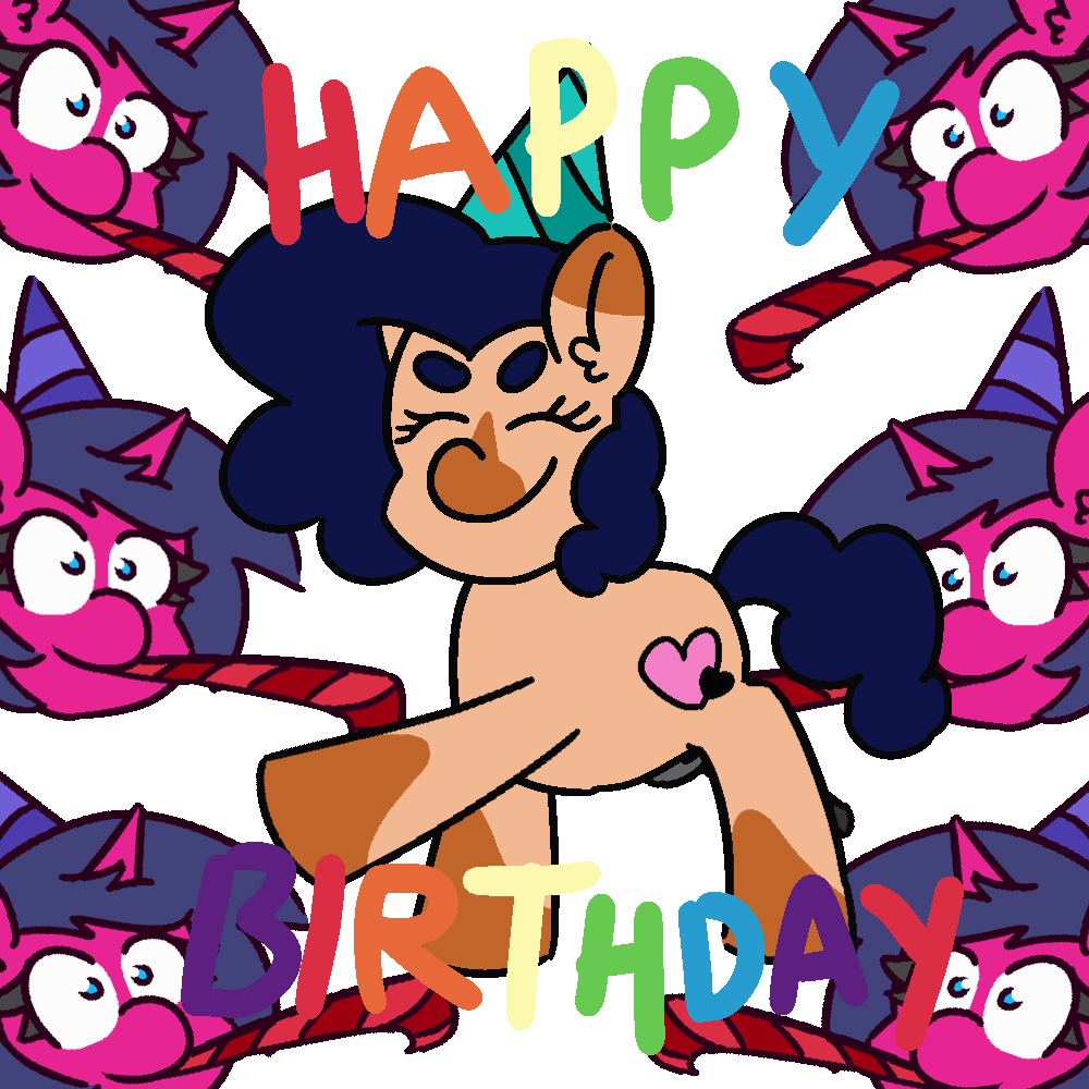 Size: 1000x1000 | Tagged: safe, artist:threetwotwo32232, character:party favor, oc, oc only, oc:heartspring, species:earth pony, species:pony, species:unicorn, animated, female, gif, happy birthday, mare, text