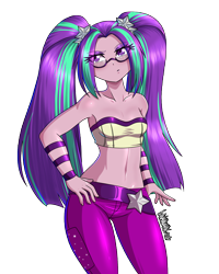 Size: 3600x4500 | Tagged: safe, artist:danmakuman, character:aria blaze, equestria girls:rainbow rocks, g4, my little pony: equestria girls, my little pony:equestria girls, bandeau, bare shoulders, belly button, clothing, female, glasses, looking at you, midriff, pants, pigtails, simple background, sleeveless, solo, strapless, transparent background, twintails