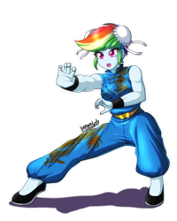 Size: 3200x4000 | Tagged: safe, artist:danmakuman, part of a set, character:rainbow dash, my little pony:equestria girls, armpits, chun li, clothing, commission, female, kung fu, open mouth, pants, simple background, solo, street fighter, transparent background