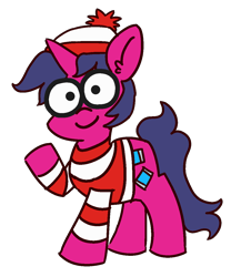Size: 1000x1200 | Tagged: safe, artist:threetwotwo32232, oc, oc:fizzy pop, species:pony, species:unicorn, 2019 community collab, derpibooru community collaboration, clothing, female, mare, parody, simple background, solo, transparent background, where's waldo