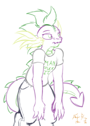 Size: 1152x1600 | Tagged: safe, artist:frist44, character:spike, species:anthro, species:dragon, clothing, male, older, older spike, pants, shirt, simple background, sketch, solo, t shirt design, t-shirt, unamused, vulgar, white background