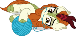Size: 5444x2583 | Tagged: safe, artist:jhayarr23, character:autumn blaze, species:kirin, episode:sounds of silence, g4, my little pony: friendship is magic, awwtumn blaze, behaving like a cat, cloven hooves, cute, female, lying down, nom, simple background, solo, transparent background, vector, weapons-grade cute, yarn, yarn ball