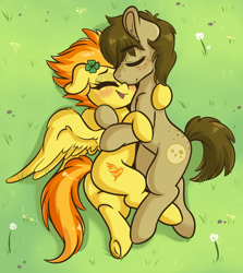 Size: 1280x1432 | Tagged: safe, artist:wickedsilly, character:spitfire, oc, oc:chocolate chips, species:earth pony, species:pegasus, species:pony, blushing, canon x oc, clover, cuddling, cute, cutefire, eyes closed, female, firechips, four leaf clover, freckles, grass, male, mare, ocbetes, shipping, stallion, straight